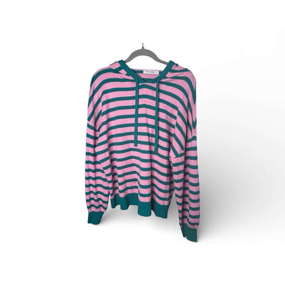 Pretty Garden Pink Green Striped Hooded Long Sleeve Sweater Large